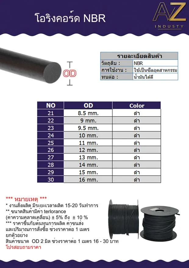 โอริงคอร์ด NBR ทนน้ำมันเครื่อง