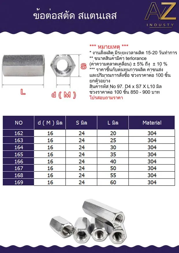น็อตตัวเมียยาว สแตนเลส sus 304