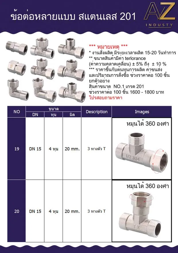 ข้อต่อ 2 ทาง สแตนเลส 201 เกลียวหมุน