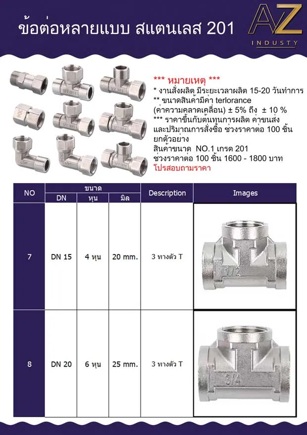 3ทางเกลียวใน สแตนเลส 201