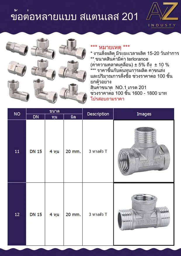 3ทางเกลียวนอก - ใน สแตนเลส 201