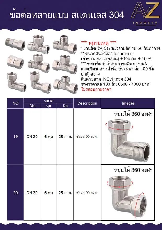 ข้อต่อสแตนเลส SUS304 เกลียวหมุน 360 องศา