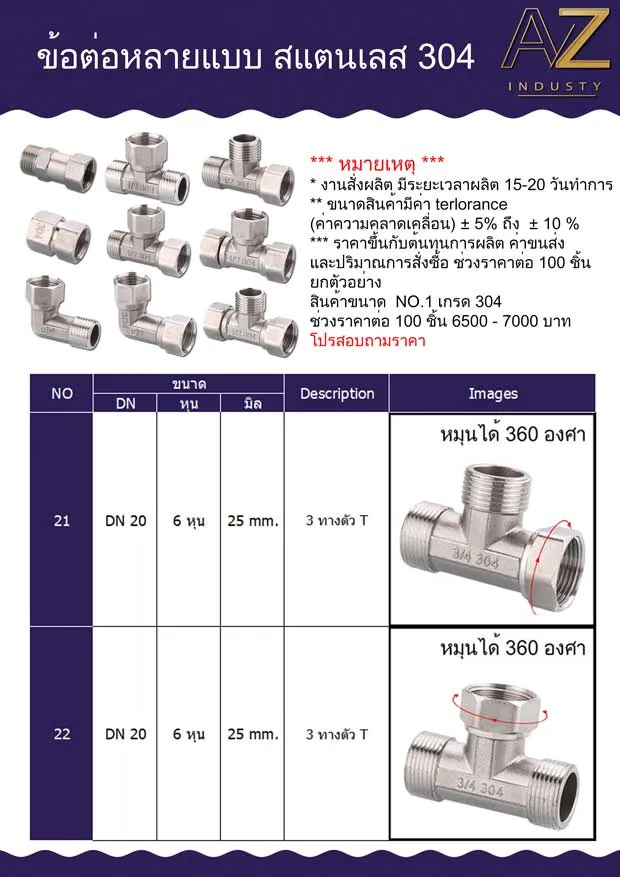 ข้อต่อสแตนเลส SUS304 ขนาด 4 หุน 6 หุน