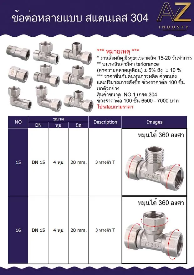 ข้อต่อเกลียวในสแตนเลส SUS304