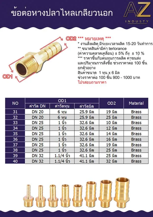 ข้อต่อทองเหลืองเกลียวนอกสำหรับท่อประปา