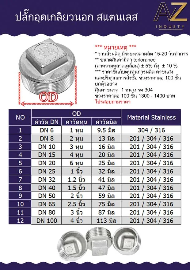 ปลั๊กอุดสแตนเลส ระบบน้ำประปา