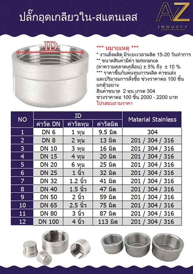 ปลั๊กอุดสแตนเลสเกรด 304